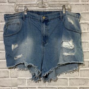 SHEIN Blue Distressed elastic waist Jean Shorts, 4XL
